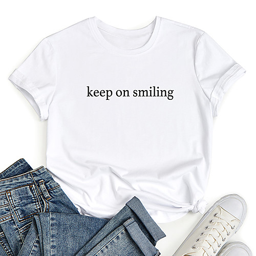 

Women's T shirt Graphic Letter Print Round Neck Tops 100% Cotton Basic Basic Top White