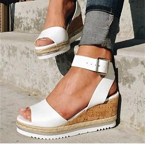 

Women's Sandals Wedge Sandals Platform Sandals Wedge Heel Peep Toe PU Solid Colored Dark Brown White Black