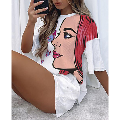 

Women's Basic Print Vacation Casual / Daily Two Piece Set Tracksuit T shirt Loungewear Biker Shorts Drawstring Print Tops