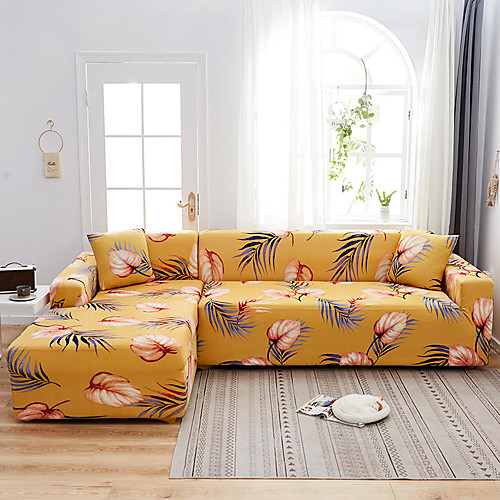 

Yellow Leaves Print Dustproof All-powerful Slipcovers Stretch L Shape Sofa Cover Super Soft Fabric Couch Cover Sofa Furniture Protector with One Free Boster Case