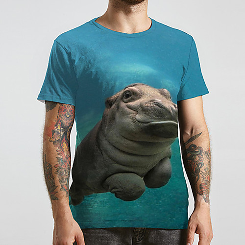 

Men's Unisex Tee T shirt 3D Print Graphic Prints Hippopotamus Plus Size Print Short Sleeve Casual Tops Basic Designer Big and Tall Blue