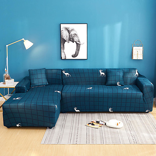 

Grid Deer Print Dustproof All-powerful Slipcovers Stretch L Shape Sofa Cover Super Soft Fabric Couch Cover Sofa Furniture Protector with One Free Boster Case