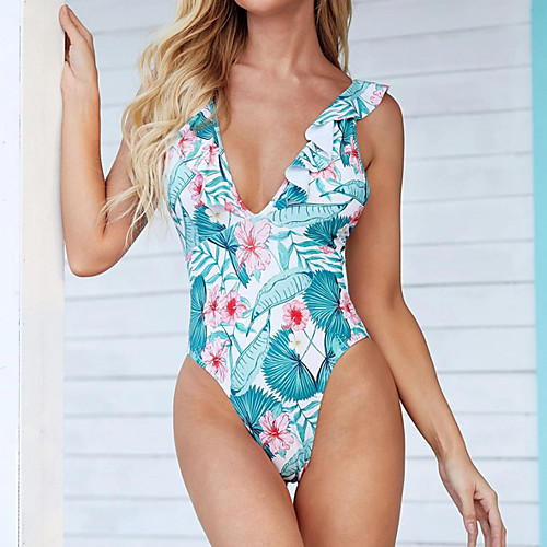 

Women's One Piece Monokini Swimsuit Tummy Control Push Up Floral Leaf Light Blue Blue Yellow Dusty Blue Swimwear Padded Bodysuit Strap Bathing Suits New Casual Sexy / Animal / Padded Bras / Beach