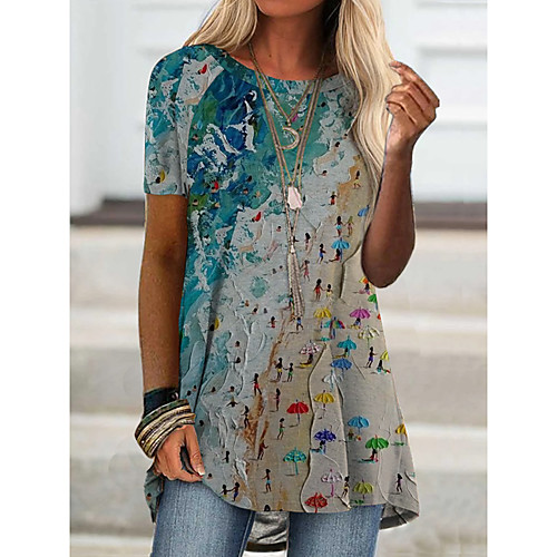 

Women's T shirt Dress Graphic Print Round Neck Basic Tops Blue