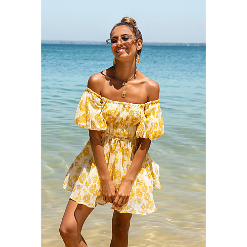 

Women's Swing Dress Short Mini Dress Yellow Green Short Sleeve Solid Color Summer Casual / Daily 2021 S M L XL