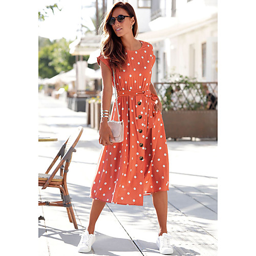 

Women's Swing Dress Midi Dress Blushing Pink Orange Black Short Sleeve Polka Dot Lace up Button Print Spring Summer Round Neck Casual Fashion 2021 S M L XL