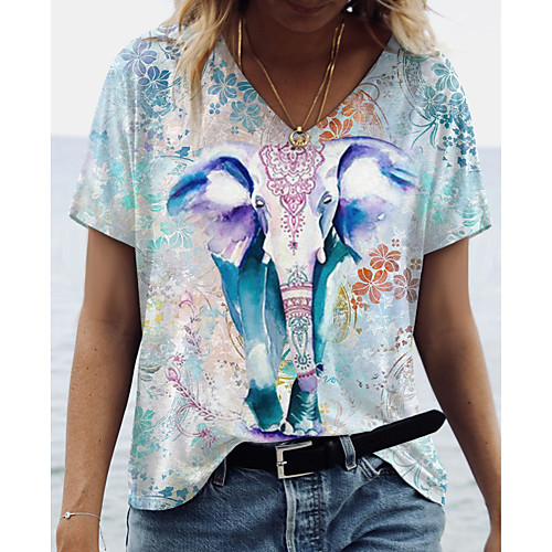 

Women's Floral Theme Abstract T shirt Floral Graphic Print V Neck Basic Tops Green