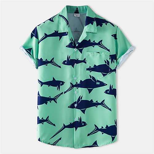 

Men's Shirt Shark Button-Down Short Sleeve Casual Tops Cotton Casual Fashion Breathable Comfortable Green / Beach