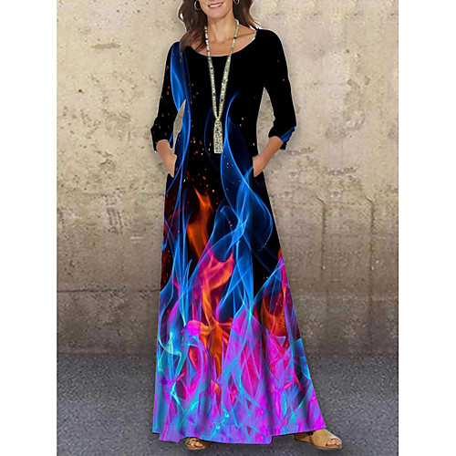 

Women's Shift Dress Maxi long Dress Black 3/4 Length Sleeve Print Print Spring Summer Round Neck Casual Holiday 2021 S M L XL XXL 3XL
