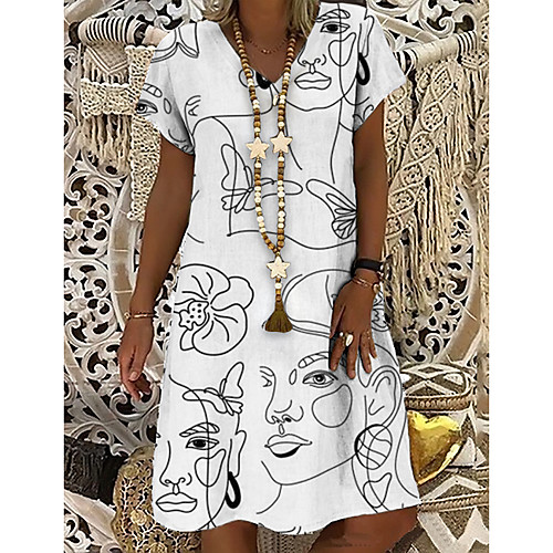 

Women's T Shirt Dress Tee Dress Knee Length Dress Khaki White Short Sleeve Print Color Block Abstract Print Spring Summer V Neck Casual Holiday 2021 S M L XL XXL 3XL