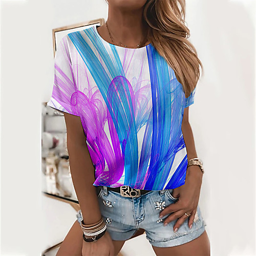 

Women's Abstract Painting T shirt Color Block Tie Dye Print Round Neck Basic Tops White Blue Purple