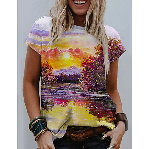 

Women's Floral Theme Painting T shirt Scenery 3D Print Round Neck Basic Tops Purple