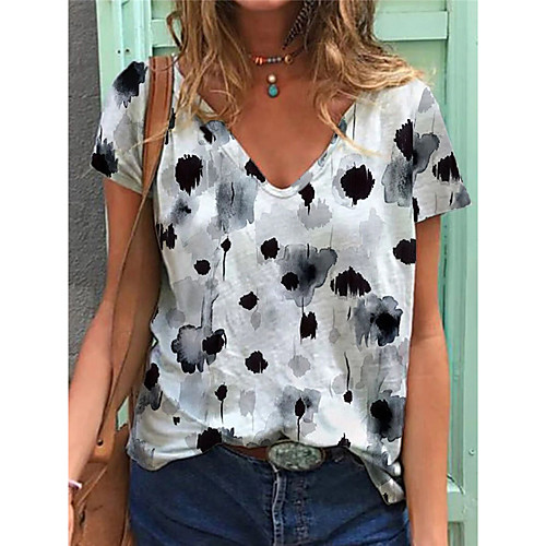 

Women's T shirt Leopard V Neck Basic Tops White