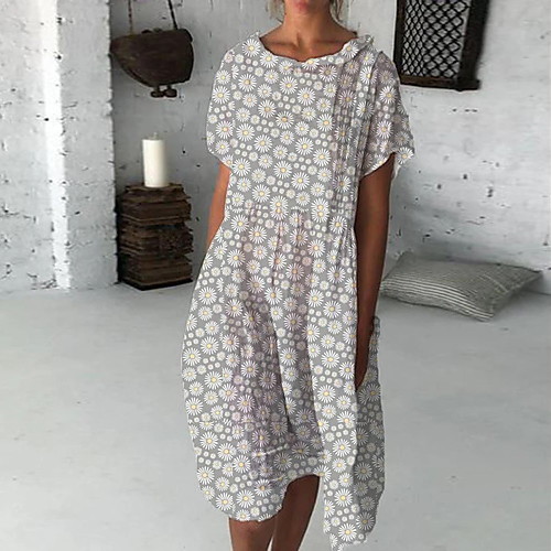 

Women's A Line Dress Midi Dress Grey sun flower Blue Blushing Pink Green Short Sleeve Pattern Summer Casual 2021 S M L XL XXL XXXL