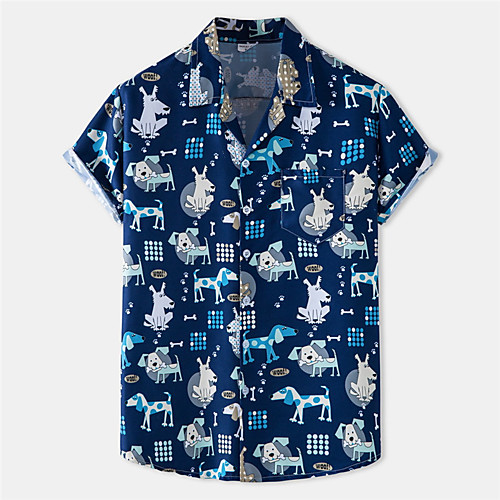 

Men's Shirt Dog Animal Button-Down Short Sleeve Casual Tops Cotton Casual Fashion Breathable Comfortable Blue