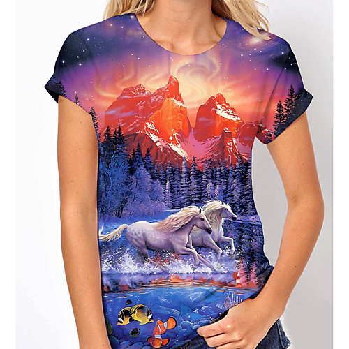 

Women's Painting T shirt Scenery Print Round Neck Basic Tops Blue