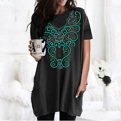 

Women's T shirt Dress Floral Graphic Tribal Round Neck Tops Basic Basic Top Black Wine Army Green