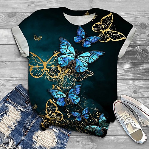 

Women's Plus Size Tops T shirt Graphic Butterfly Print Short Sleeve Crewneck Basic Dark Green Big Size XL XXL 3XL 4XL 5XL / Loose