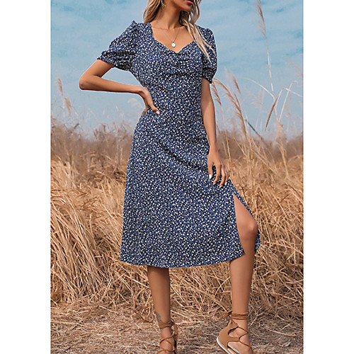 

Women's A Line Dress Knee Length Dress Blue Short Sleeve Polka Dot Fall Summer Round Neck Elegant Casual 2021 S M L