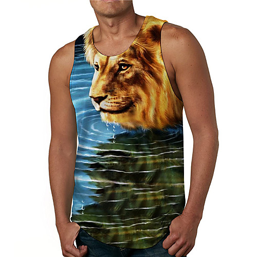 

Men's Tank Top Undershirt Shirt 3D Print Graphic Prints Lion Print Sleeveless Daily Tops Casual Designer Big and Tall Round Neck Blue / Summer