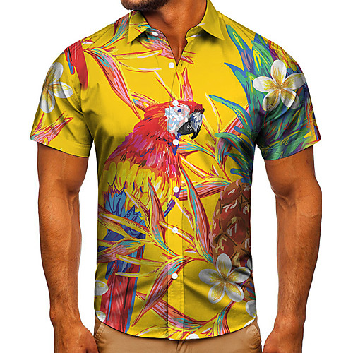 

Men's Shirt 3D Print Graphic Prints Bird Button-Down Short Sleeve Street Tops Casual Fashion Classic Breathable Yellow