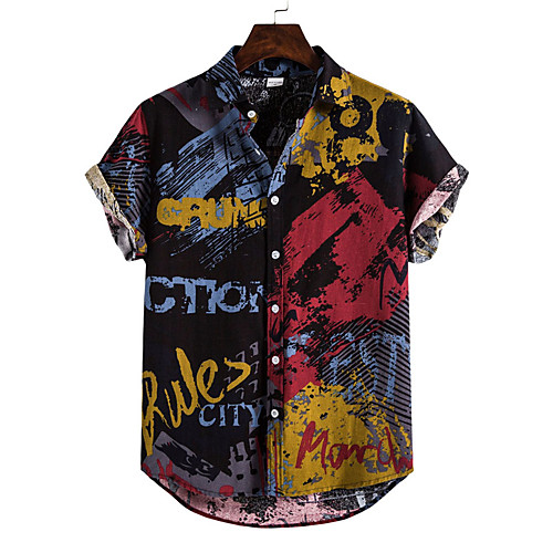

Men's Shirt Color Block Letter Button-Down Short Sleeve Casual Tops Cotton Casual Fashion Breathable Comfortable Rainbow