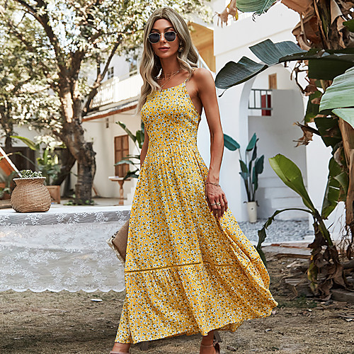 

Women's Swing Dress Maxi long Dress Yellow Green Sleeveless Print Spring Summer Casual / Daily 2021 S M L XL