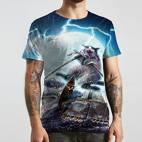 

Men's Unisex Tee T shirt 3D Print Cat Graphic Prints Plus Size Print Short Sleeve Casual Tops Basic Designer Big and Tall Blue