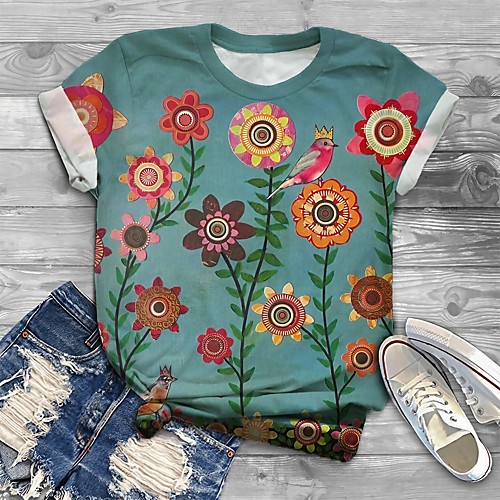 

Women's Plus Size Tops T shirt Floral Graphic Print Short Sleeve Crewneck Green Big Size XL XXL 3XL 4XL 5XL / Loose