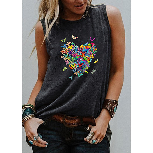 

Women's Holiday Tank Top Vest T shirt Graphic Butterfly Heart Print Round Neck Basic Tops Blue Purple Light gray / Going out