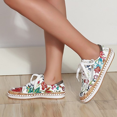 

Women's Sandals Canvas Shoes Flat Heel Round Toe PU Floral White Black Pink