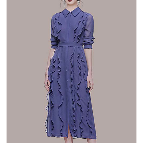 

Sheath / Column Empire Minimalist Holiday Prom Dress Shirt Collar Long Sleeve Ankle Length Chiffon with Ruffles 2021
