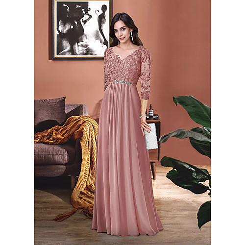 

Sheath / Column Mother of the Bride Dress Elegant V Neck Floor Length Chiffon Lace 3/4 Length Sleeve with Pleats Appliques Crystal Brooch 2021