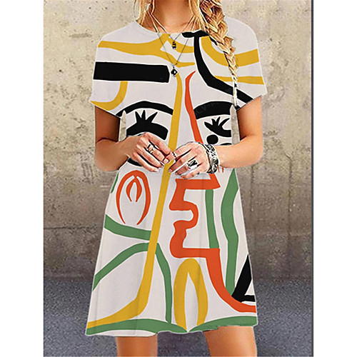 

Women's A Line Dress Short Mini Dress White Black Short Sleeve Print Abstract Summer Round Neck Casual 2021 S M L XL XXL 3XL