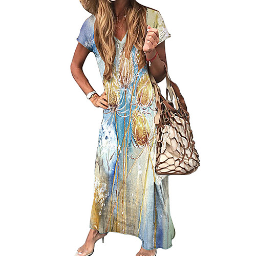 

Women's Shift Dress Maxi long Dress Yellow Green Orange Short Sleeve Floral Print Spring Summer Round Neck Elegant Party Holiday Club 2021 S M L XL