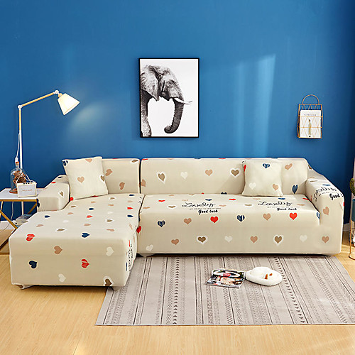 

Beige Heart Print Dustproof All-powerful Slipcovers Stretch L Shape Sofa Cover Super Soft Fabric Couch Cover Sofa Furniture Protector with One Free Boster Case