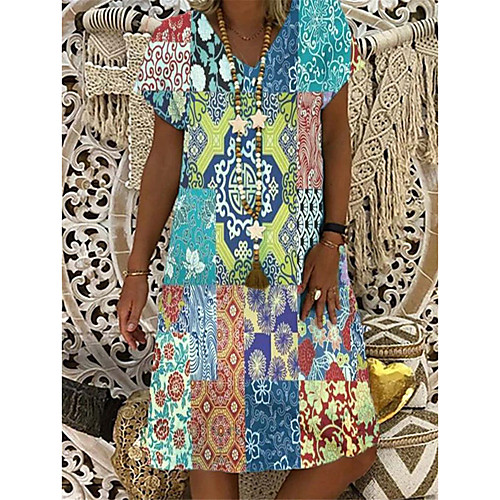 

Women's A Line Dress Knee Length Dress Blue Short Sleeve Print Geometric Summer V Neck Elegant Casual 2021 S M L XL XXL 3XL 4XL 5XL