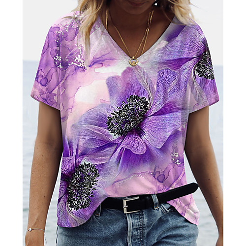 

Women's Floral Theme Painting T shirt Floral Flower Print V Neck Basic Tops Blue Purple Blushing Pink