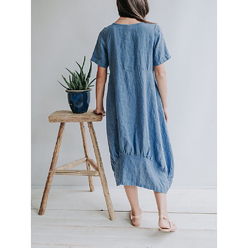 

Women's A Line Dress Midi Dress Navy Blue Short Sleeve Solid Color Summer Casual 2021 S M L XL 2XL / Cotton / Cotton