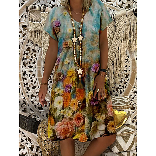 

Women's T Shirt Dress Tee Dress Knee Length Dress Picture color 1 Picture color 2 Picture color 3 Short Sleeve Print Spring Summer Round Neck Casual / Daily 2021 S M L XL XXL XXXL 4XL 5XL