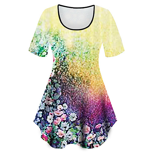 

Women's Plus Size Tops T shirt Floral Graphic Print Short Sleeve Crewneck Basic Yellow Big Size XL XXL 3XL 4XL 5XL / Holiday