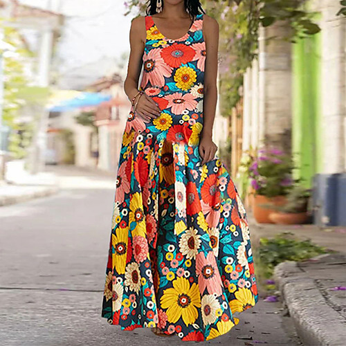 

Women's Strap Dress Maxi long Dress Bright yellow Red Sleeveless Solid Color Summer Casual / Daily 2021 S M L XL 2XL