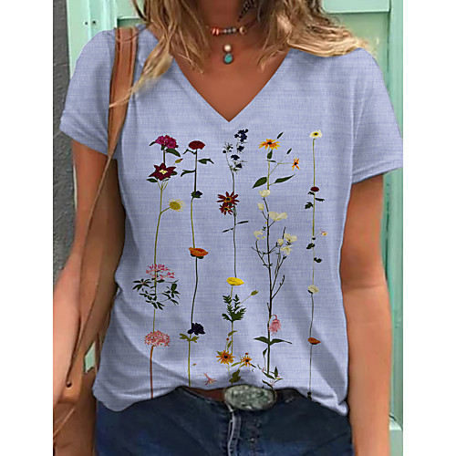 

Women's Floral Theme Painting T shirt Floral Graphic Print V Neck Basic Tops Blue Khaki Gray