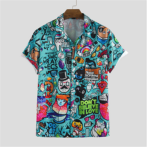 

Men's Shirt Halloween Button-Down Short Sleeve Casual Tops Lightweight Casual Fashion Breathable Blue Light Blue