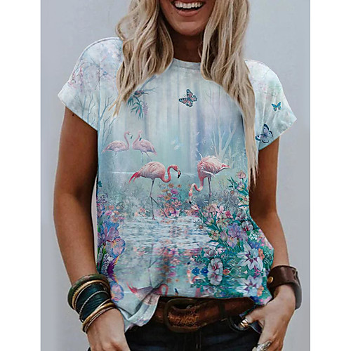 

Women's Floral Theme 3D Printed Flamingo T shirt Scenery 3D Flower Print Round Neck Basic Tops Blue