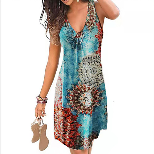 

Women's A Line Dress Knee Length Dress YC0712-dark purple YC0712-Green leaves on black YC0712- wine red YC0712-Ethnic style blue YC0712-Ethnic wind red YC0712-Blue rose YC0712-big flower / Holiday
