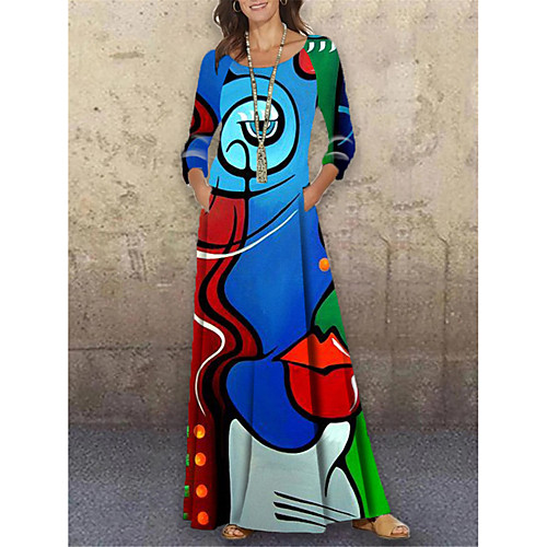 

Women's Shift Dress Maxi long Dress Blue 3/4 Length Sleeve Print Color Block Abstract Print Spring Summer Round Neck Casual Holiday 2021 S M L XL XXL 3XL