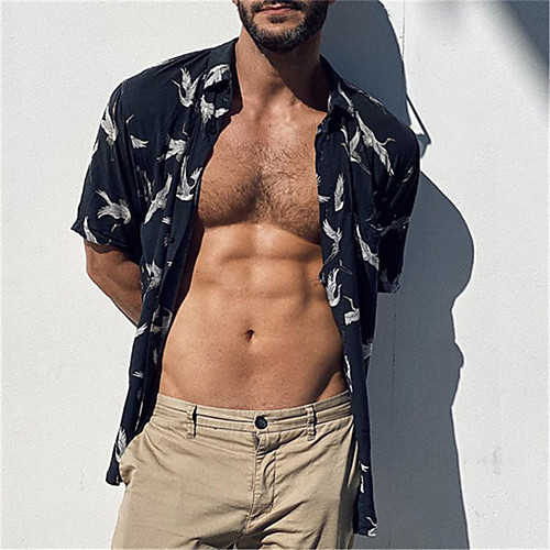 

Men's Shirt Bird Button-Down Short Sleeve Casual Tops Chinese Style Casual Fashion Breathable Black