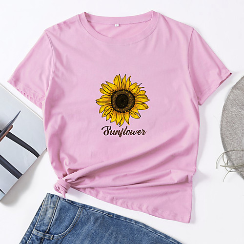 

Women's T shirt Floral Letter Print Round Neck Tops Cotton Basic Basic Top White Black Blue