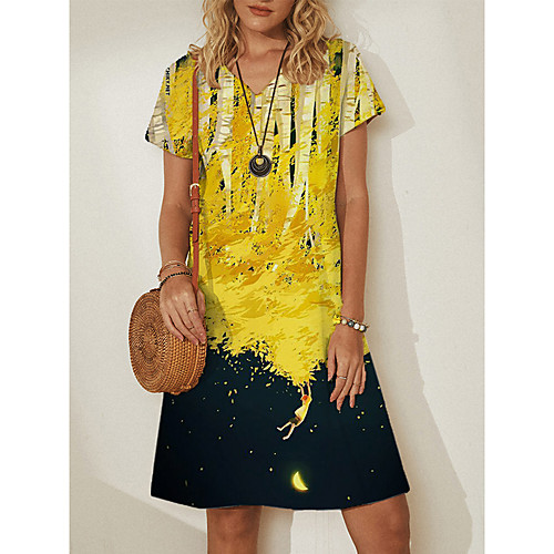 

Women's A Line Dress Knee Length Dress Multicolor_1 Yellow Rainbow Black Short Sleeve Floral Print Summer V Neck Elegant Casual Holiday 2021 M L XL XXL 3XL 4XL 5XL